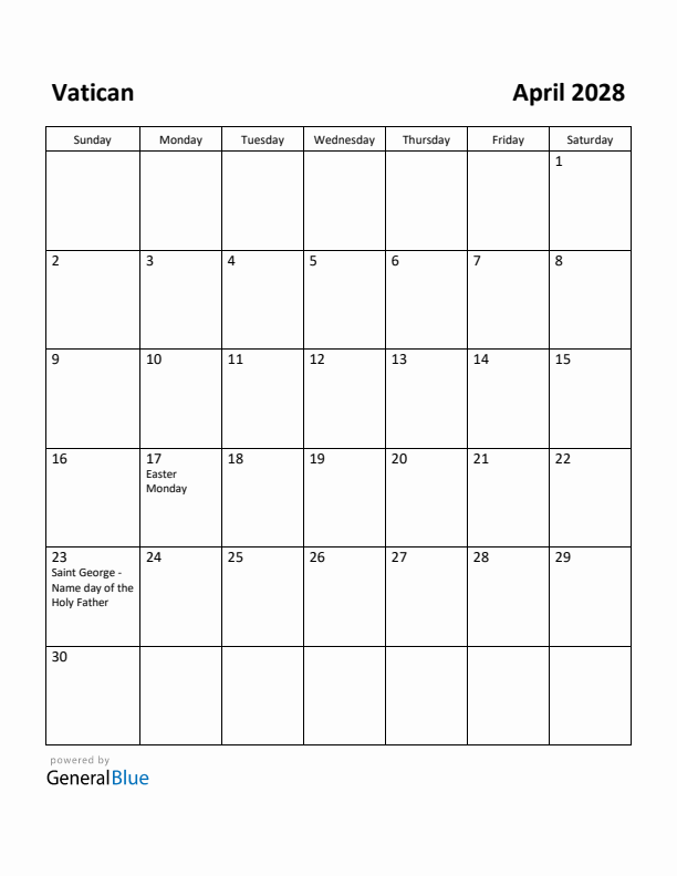 April 2028 Calendar with Vatican Holidays