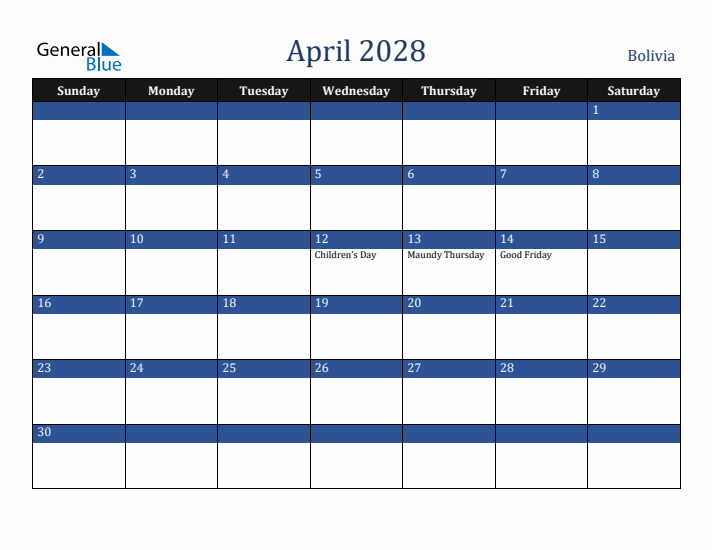 April 2028 Bolivia Calendar (Sunday Start)