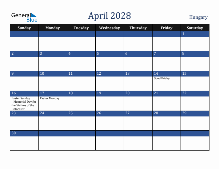 April 2028 Hungary Calendar (Sunday Start)