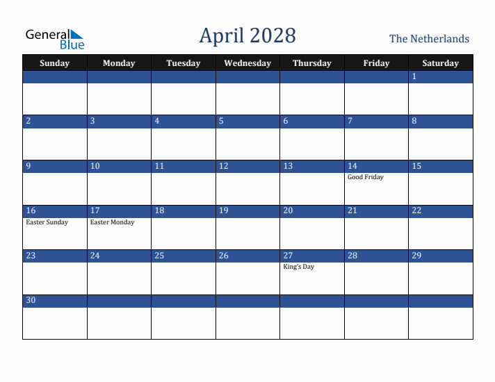 April 2028 The Netherlands Calendar (Sunday Start)