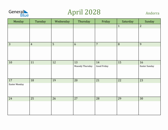 April 2028 Calendar with Andorra Holidays