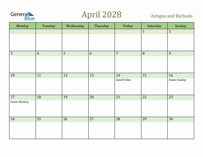 April 2028 Calendar with Antigua and Barbuda Holidays