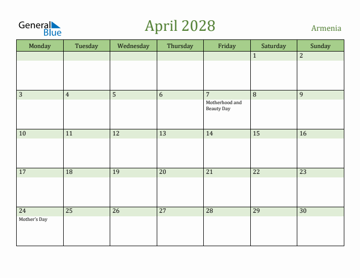 April 2028 Calendar with Armenia Holidays