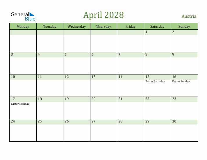 April 2028 Calendar with Austria Holidays