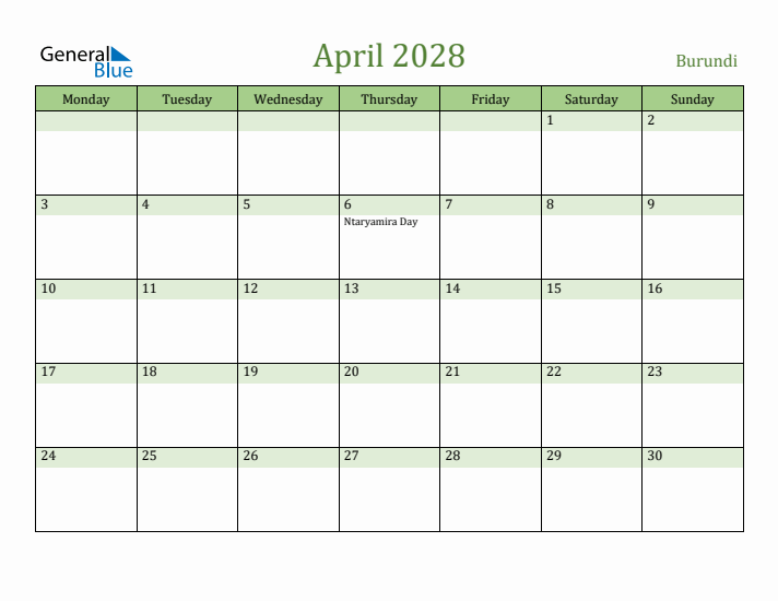 April 2028 Calendar with Burundi Holidays