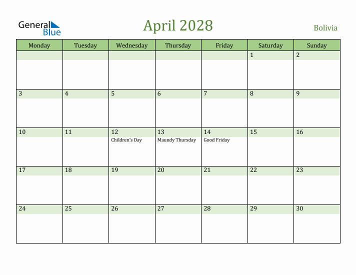 April 2028 Calendar with Bolivia Holidays