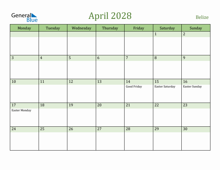 April 2028 Calendar with Belize Holidays