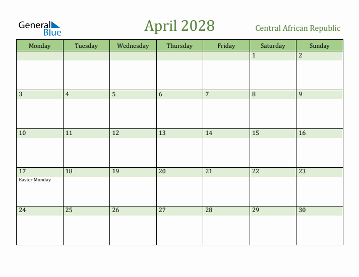 April 2028 Calendar with Central African Republic Holidays