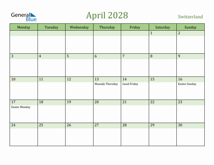 April 2028 Calendar with Switzerland Holidays