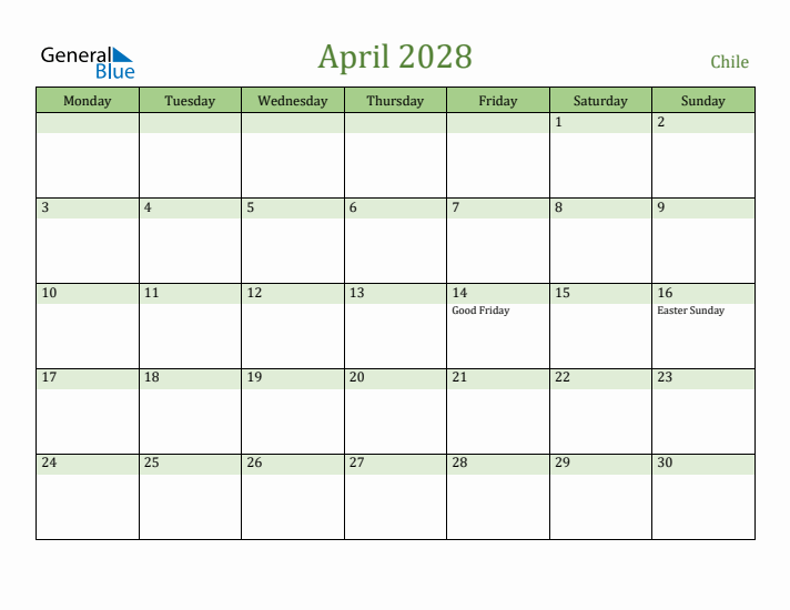 April 2028 Calendar with Chile Holidays