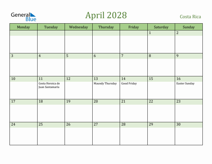 April 2028 Calendar with Costa Rica Holidays