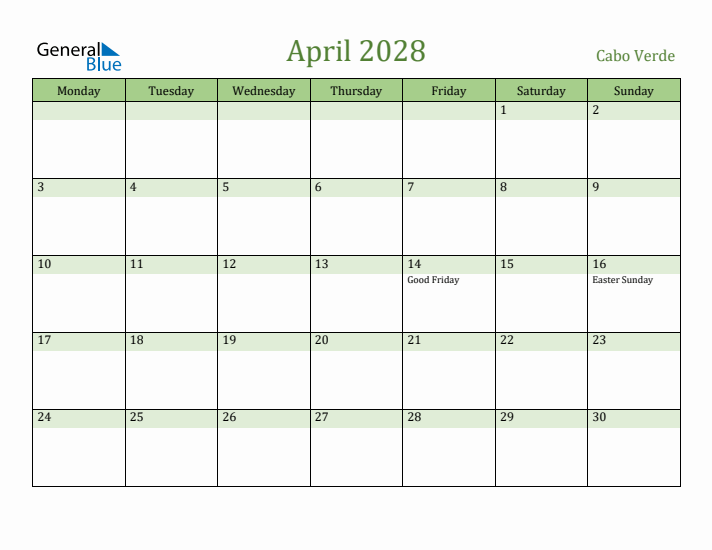 April 2028 Calendar with Cabo Verde Holidays