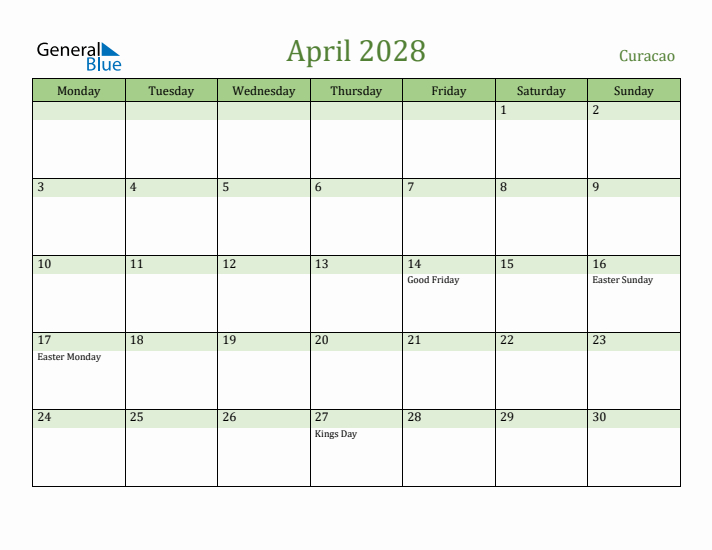 April 2028 Calendar with Curacao Holidays