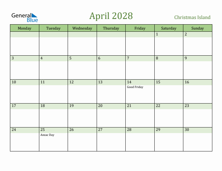 April 2028 Calendar with Christmas Island Holidays