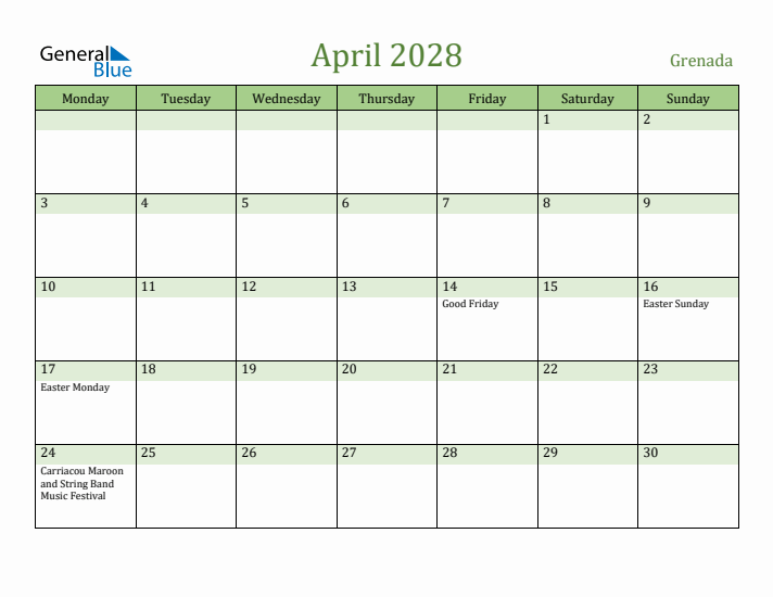 April 2028 Calendar with Grenada Holidays