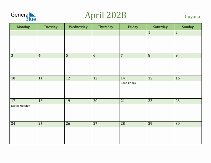 April 2028 Calendar with Guyana Holidays