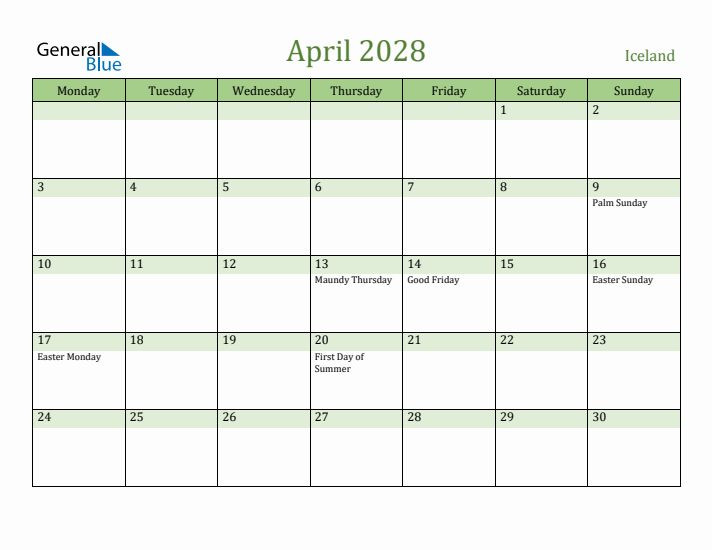 April 2028 Calendar with Iceland Holidays