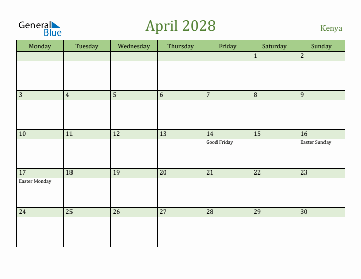 April 2028 Calendar with Kenya Holidays