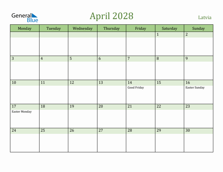 April 2028 Calendar with Latvia Holidays