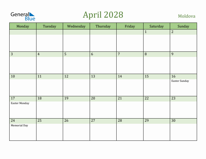 April 2028 Calendar with Moldova Holidays