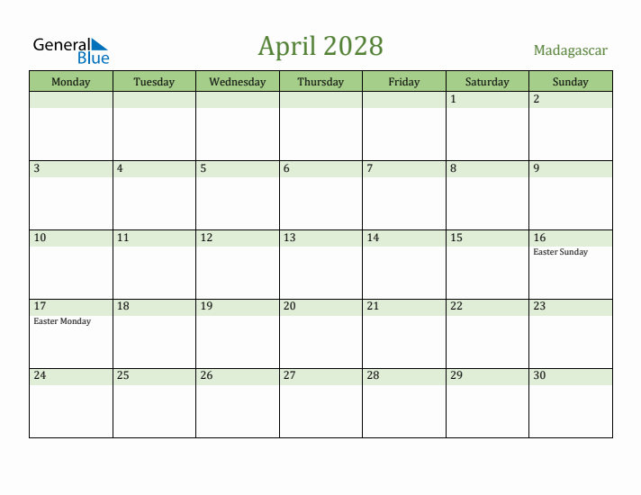 April 2028 Calendar with Madagascar Holidays