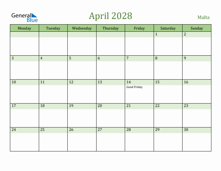 April 2028 Calendar with Malta Holidays