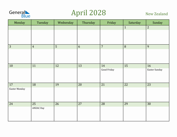 April 2028 Calendar with New Zealand Holidays