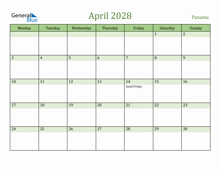 April 2028 Calendar with Panama Holidays