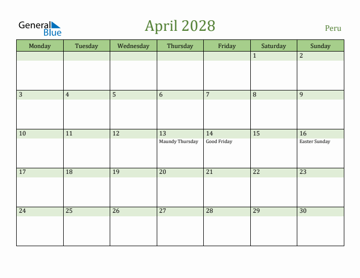 April 2028 Calendar with Peru Holidays