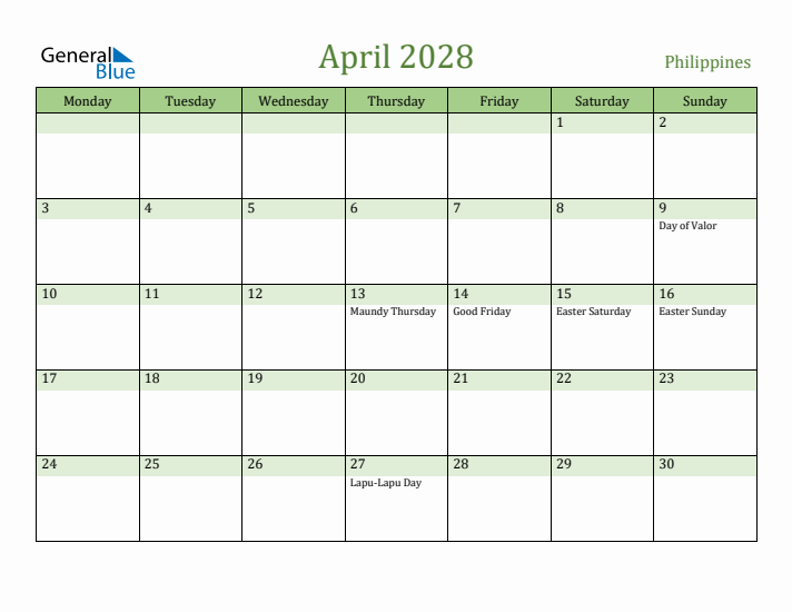 April 2028 Calendar with Philippines Holidays