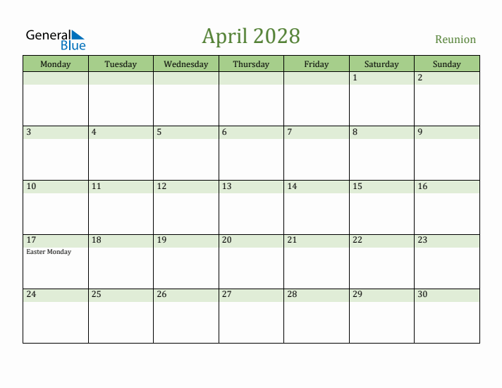 April 2028 Calendar with Reunion Holidays