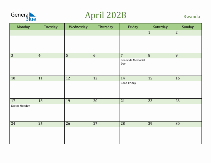 April 2028 Calendar with Rwanda Holidays