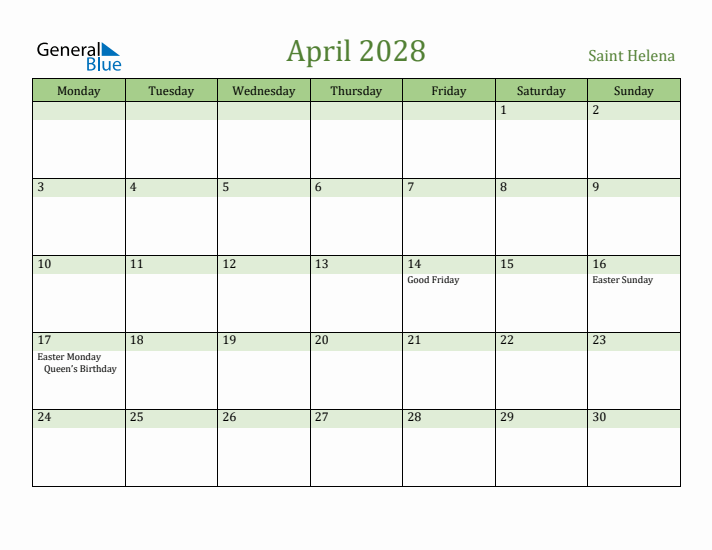 April 2028 Calendar with Saint Helena Holidays