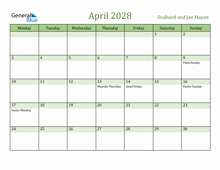 April 2028 Calendar with Svalbard and Jan Mayen Holidays