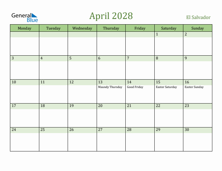 April 2028 Calendar with El Salvador Holidays