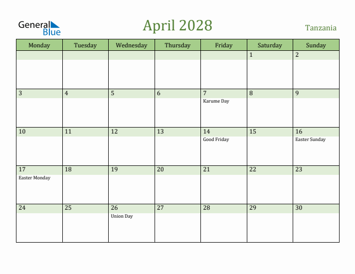 April 2028 Calendar with Tanzania Holidays