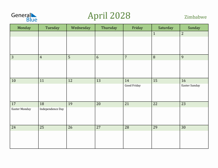 April 2028 Calendar with Zimbabwe Holidays