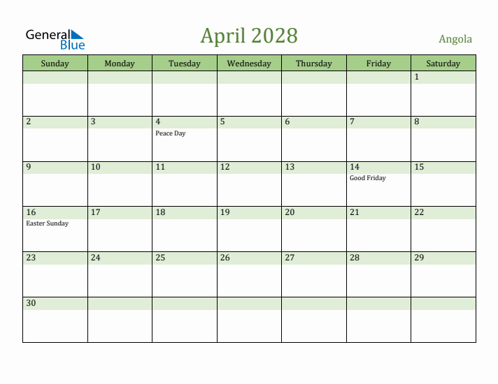 April 2028 Calendar with Angola Holidays