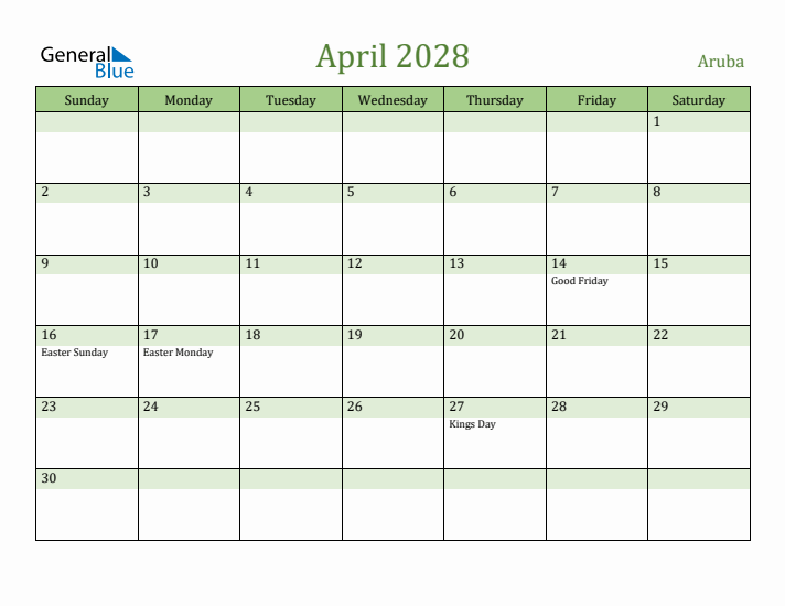 April 2028 Calendar with Aruba Holidays