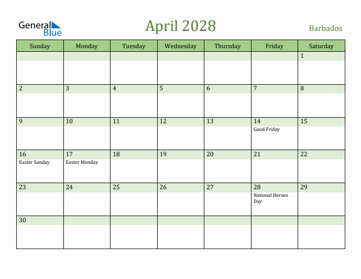 April 2028 Calendar with Barbados Holidays