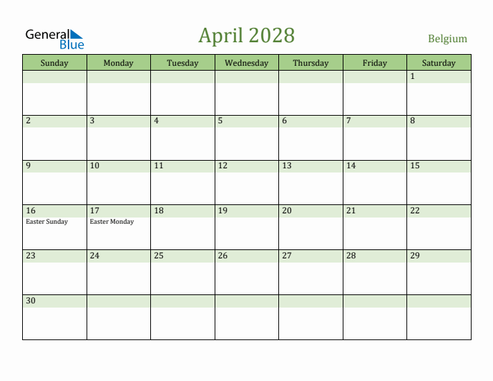 April 2028 Calendar with Belgium Holidays