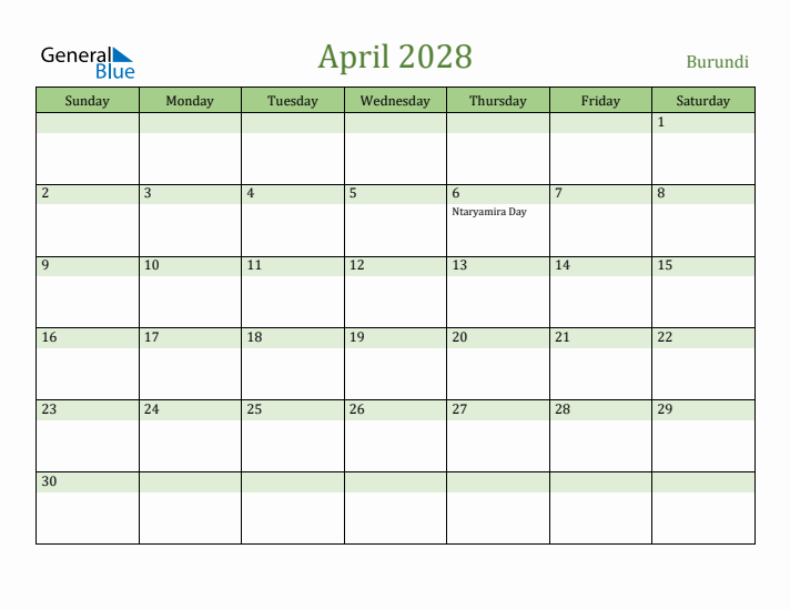 April 2028 Calendar with Burundi Holidays