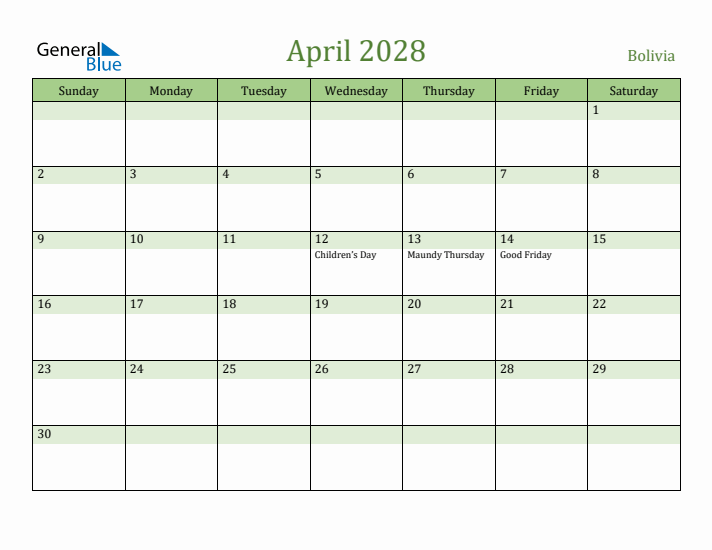 April 2028 Calendar with Bolivia Holidays