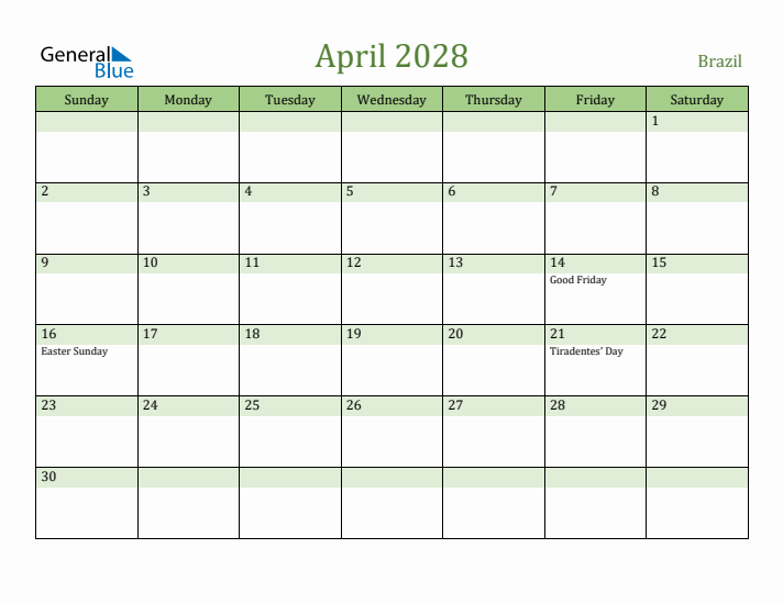 April 2028 Calendar with Brazil Holidays