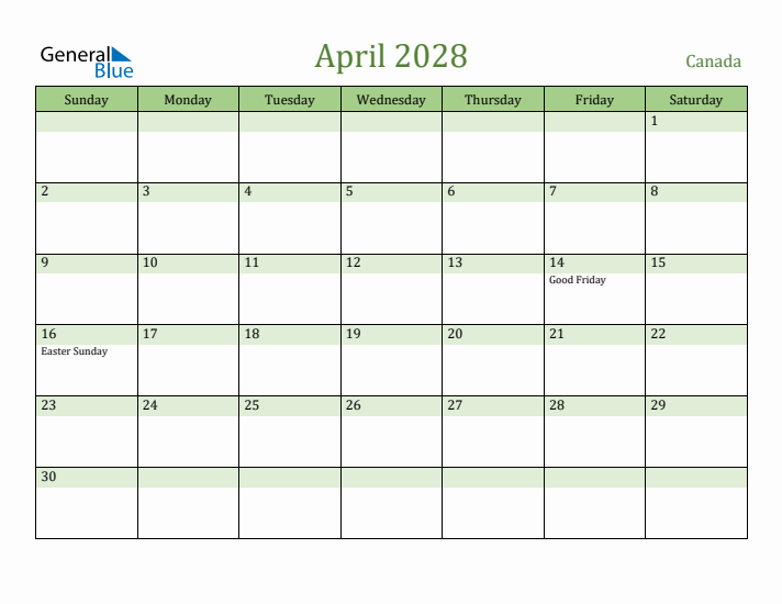 April 2028 Calendar with Canada Holidays