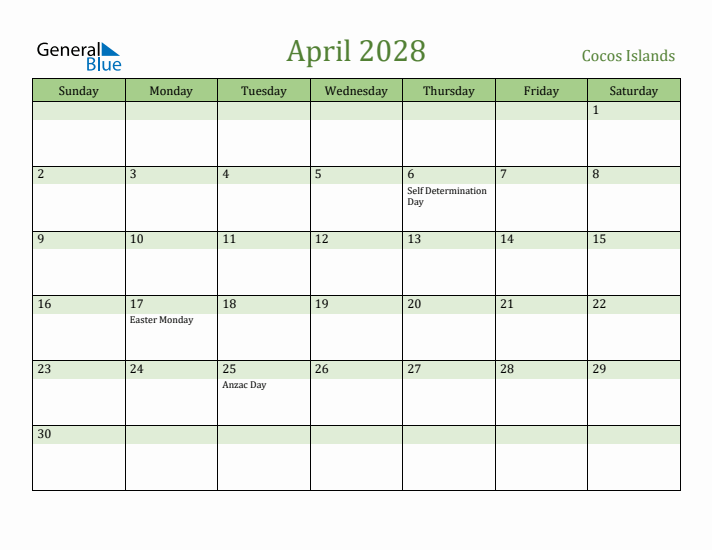 April 2028 Calendar with Cocos Islands Holidays