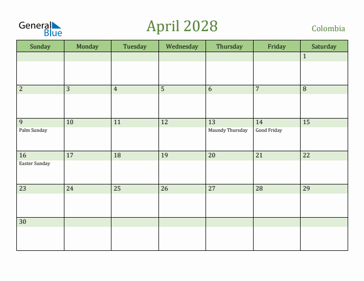 April 2028 Calendar with Colombia Holidays