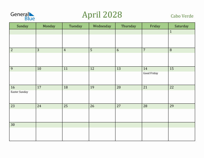 April 2028 Calendar with Cabo Verde Holidays