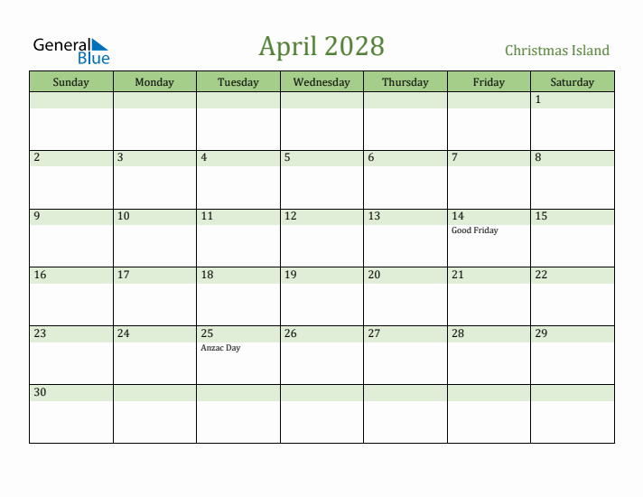 April 2028 Calendar with Christmas Island Holidays