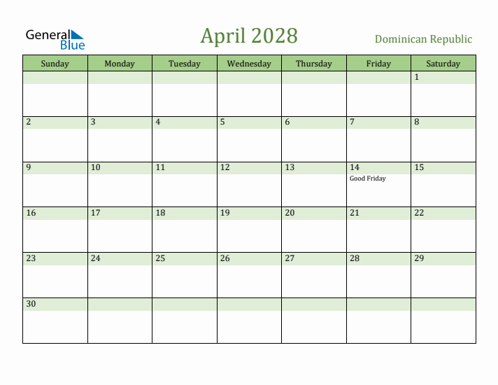 April 2028 Calendar with Dominican Republic Holidays